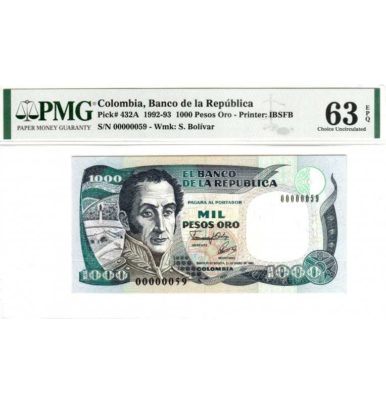 Colombia 1000 Pesos Gold 1992-1993 Pick 432A (Certified) (Low Issue 59)